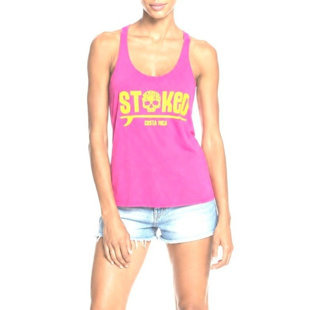 Next Level Stoked Costa Rica Pink Graphic Racerback Tank Top Womens M Skull Surf